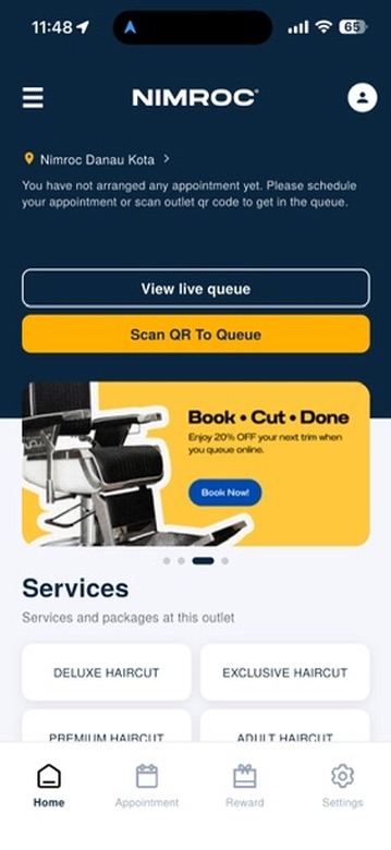 Nimroc app home screen