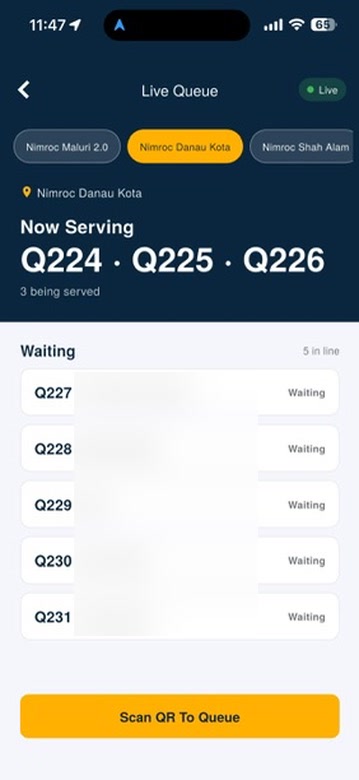 Nimroc app live queue screen